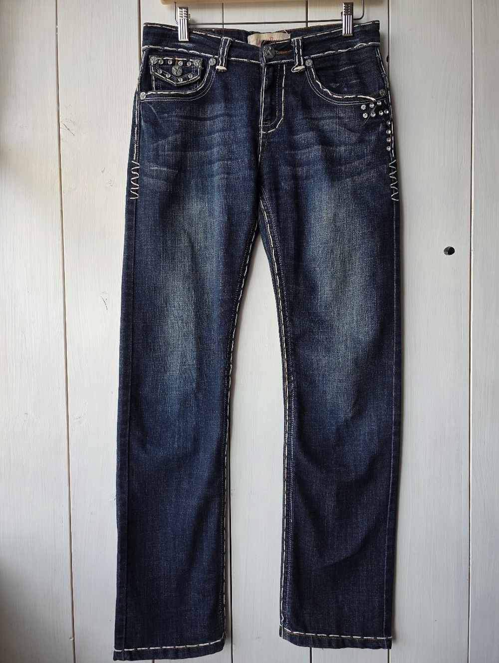 Laguna Beach Denim Blue Jeans Bedazzled Embroidered Thick Stitch Low Rise 30X31